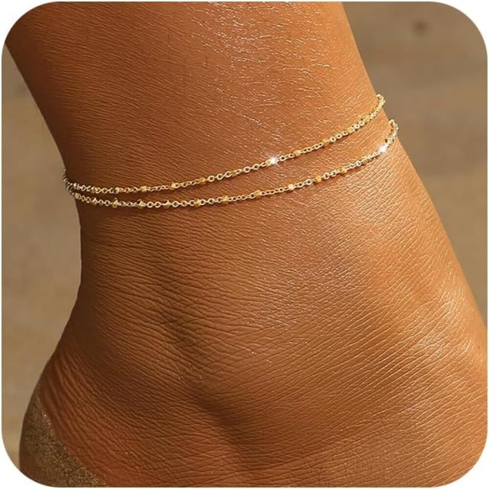 Gold Ankle Bracelets For Women,14k Gold/Silver Plated Waterproof Layered Lightwe